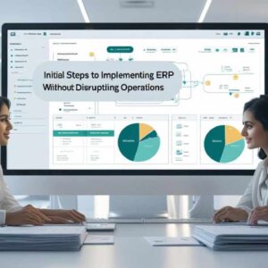 A modern office environment showing a smooth transition from manual operations to digital systems, with professionals collaborating over an ERP dashboard on screen. I