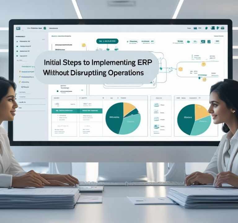 A modern office environment showing a smooth transition from manual operations to digital systems, with professionals collaborating over an ERP dashboard on screen. I