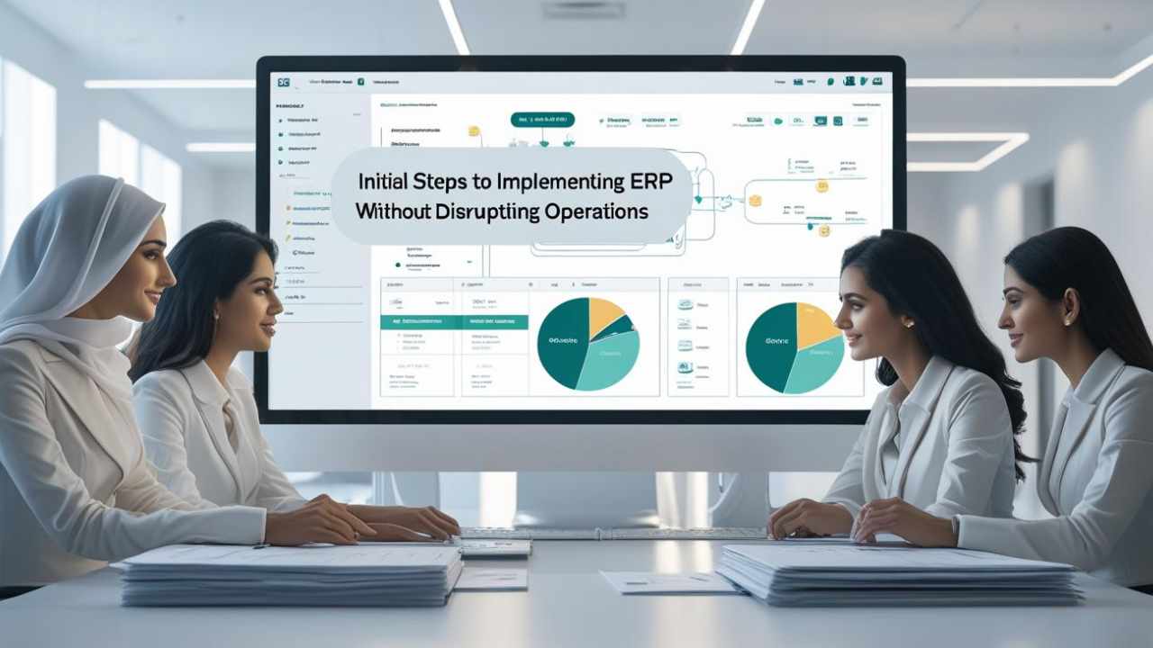 A modern office environment showing a smooth transition from manual operations to digital systems, with professionals collaborating over an ERP dashboard on screen. I